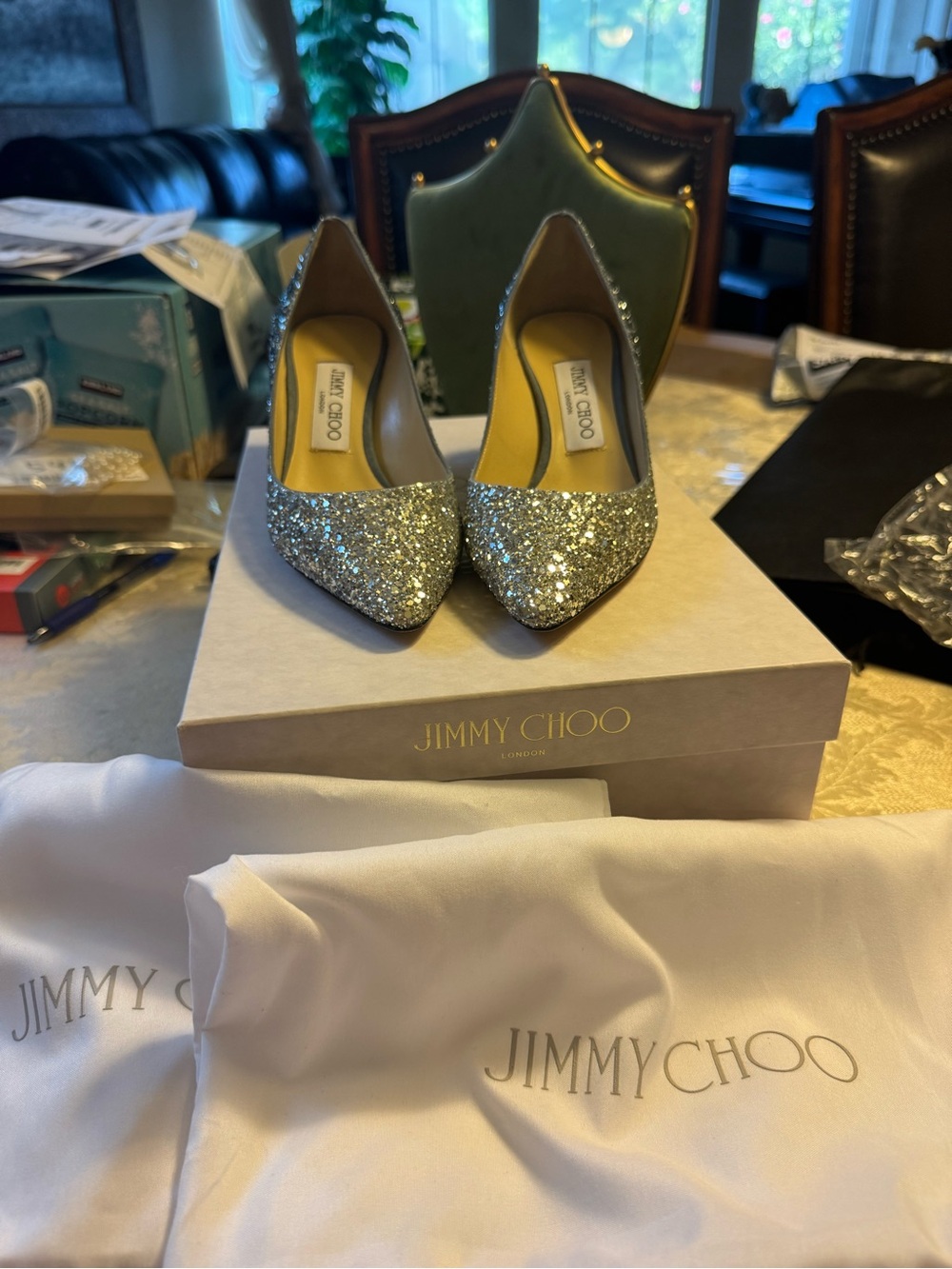 Jimmy Choo Romy 60 Silver Dusk Blue Glitter Degrade Pumps Heels Box + dust bags
